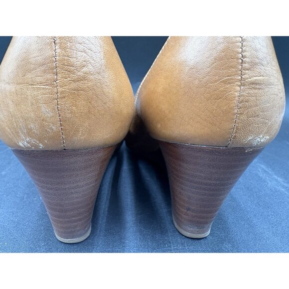 Tory Burch Sally Tan Leather Wedge Heels Gold Metal Logo Women’s Size 9M - Picture 10 of 12